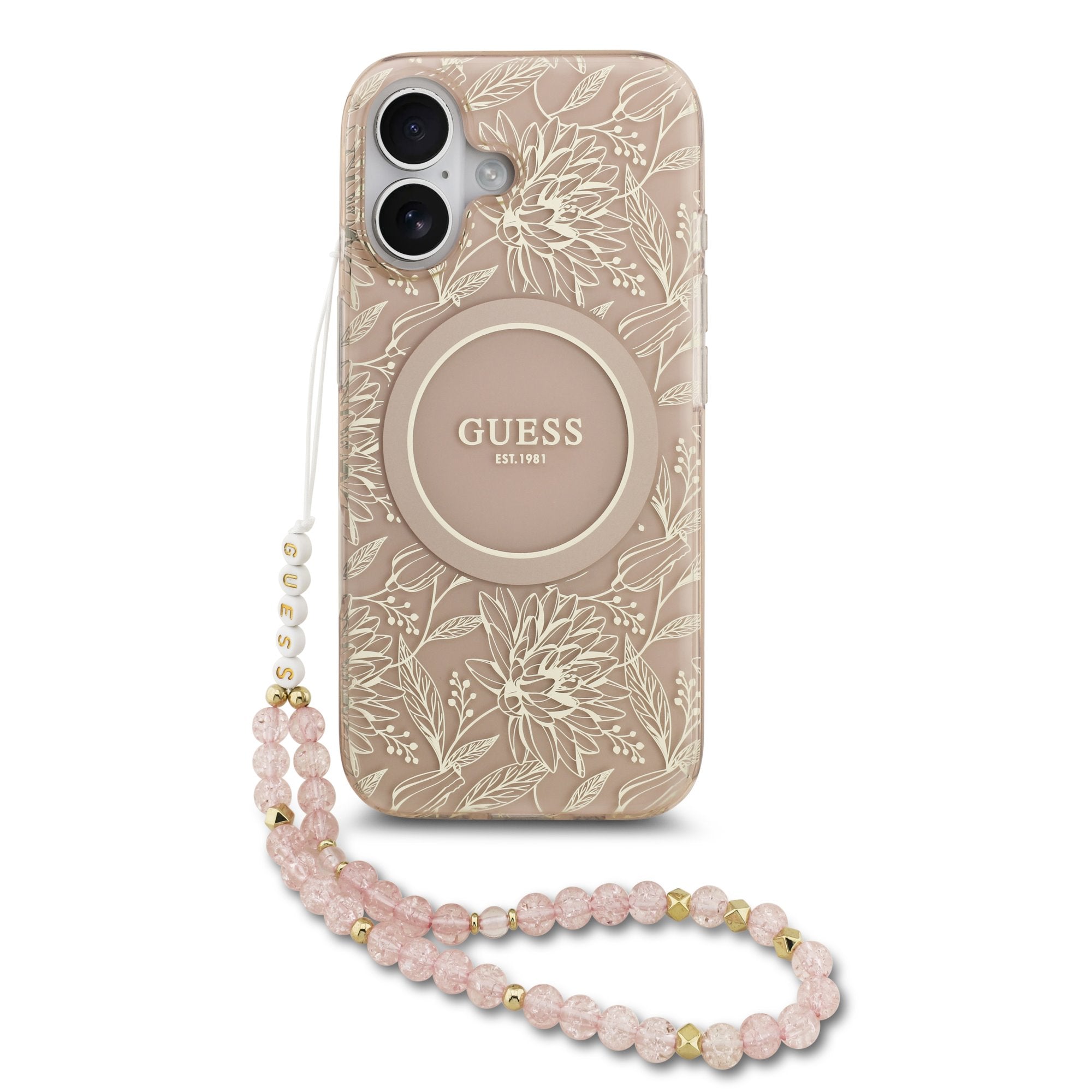 Guess MagSafe kryt na iPhone s náramkem IML Flowers Allover Strap