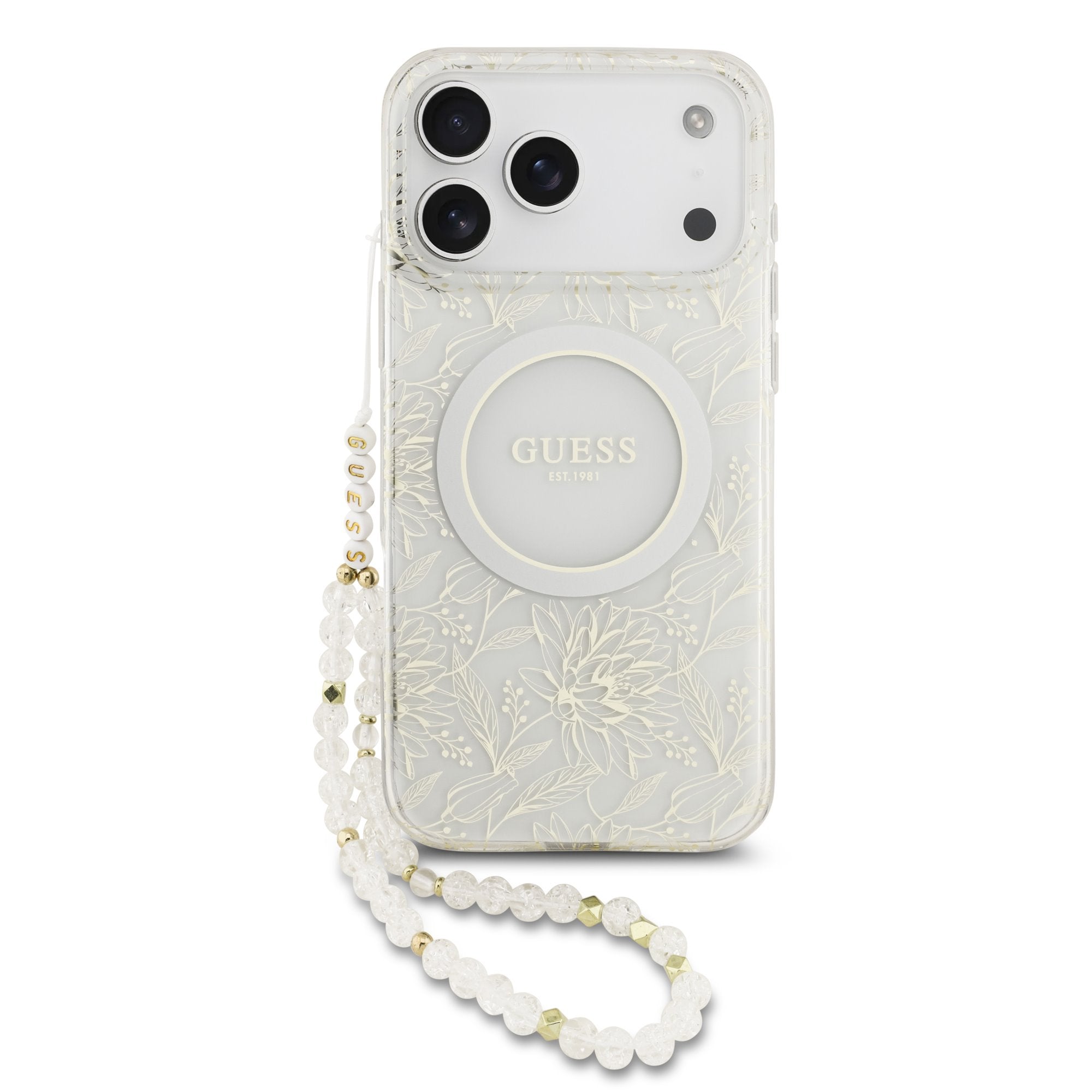 Guess MagSafe kryt na iPhone s náramkem IML Flowers Allover Strap