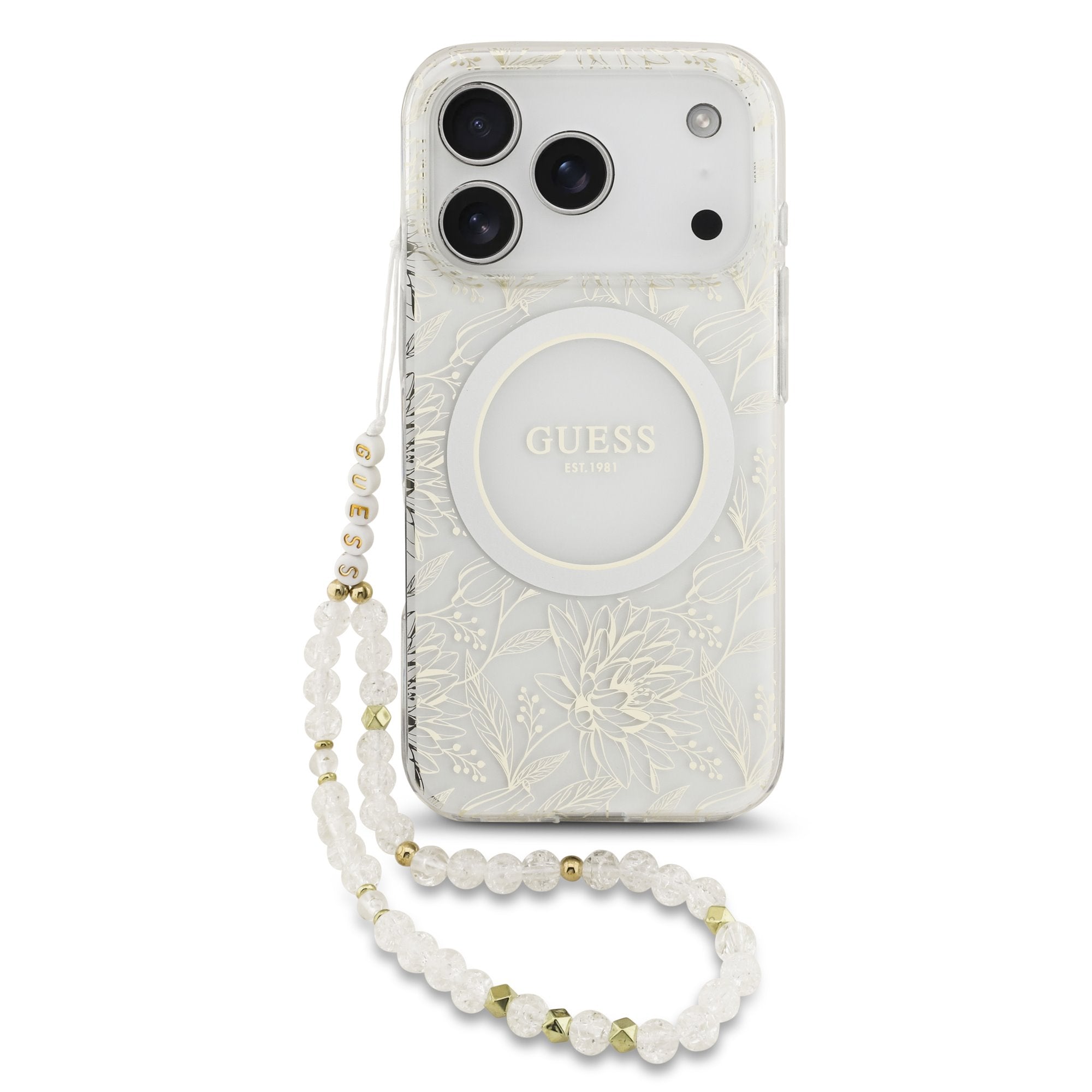 Guess MagSafe kryt na iPhone s náramkem IML Flowers Allover Strap