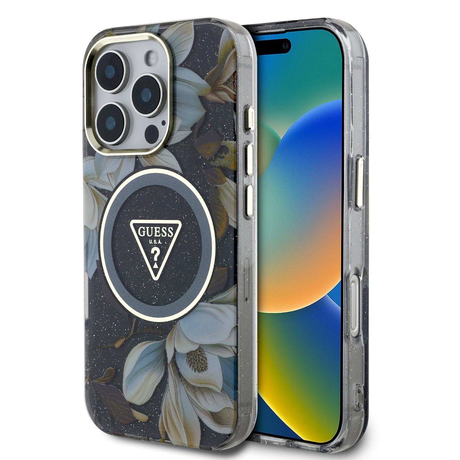 Guess MagSafe kryt na iPhone IML Glitter Magnolia and Triangle Logo