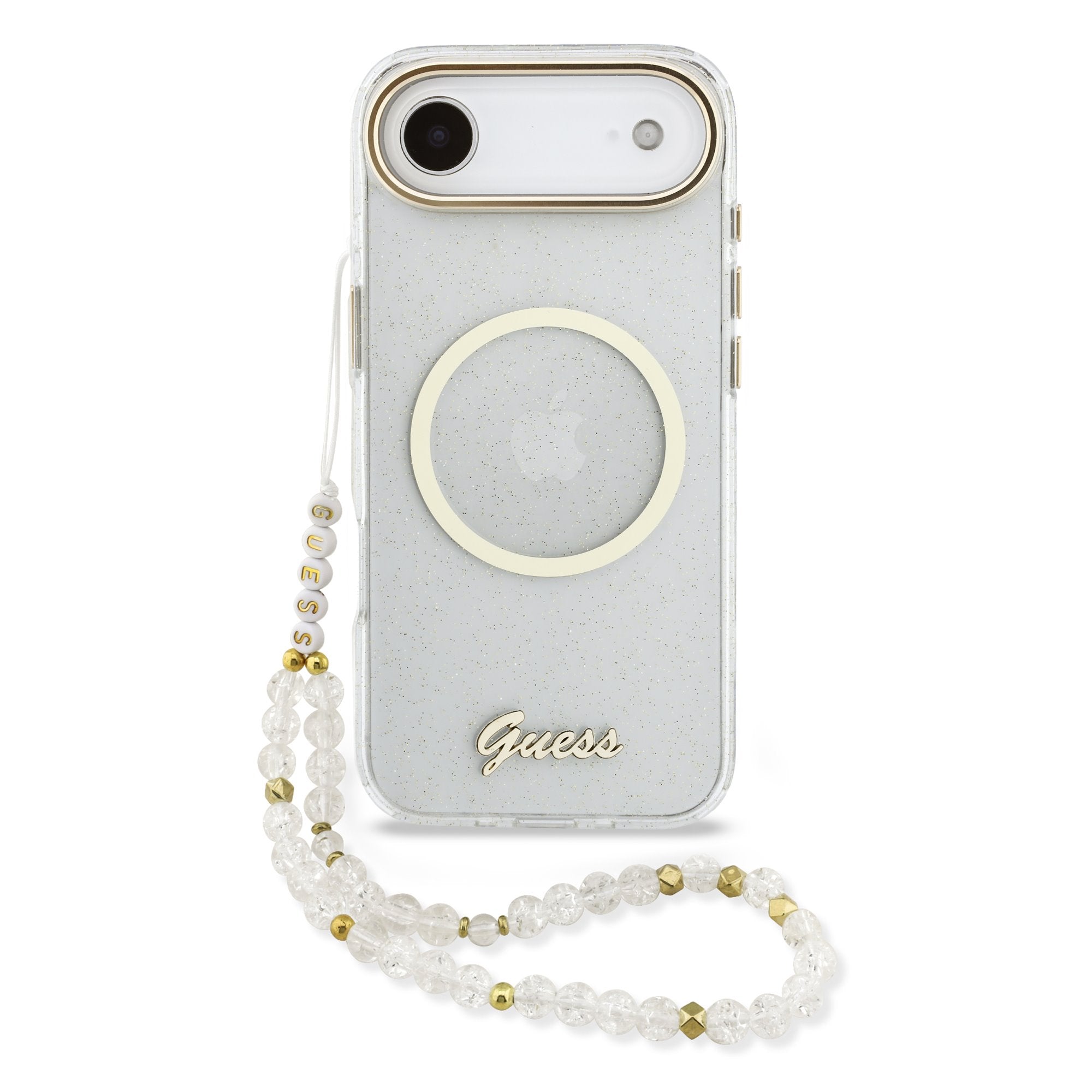 Guess MagSafe kryt na iPhone s náramkem IML Glitter Script Strap