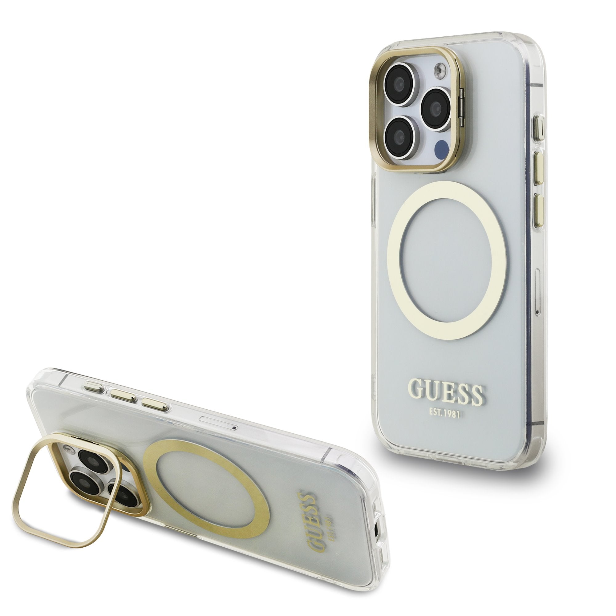 Guess MagSafe kryt na iPhone IML Gold Outline Stand Camera Frame