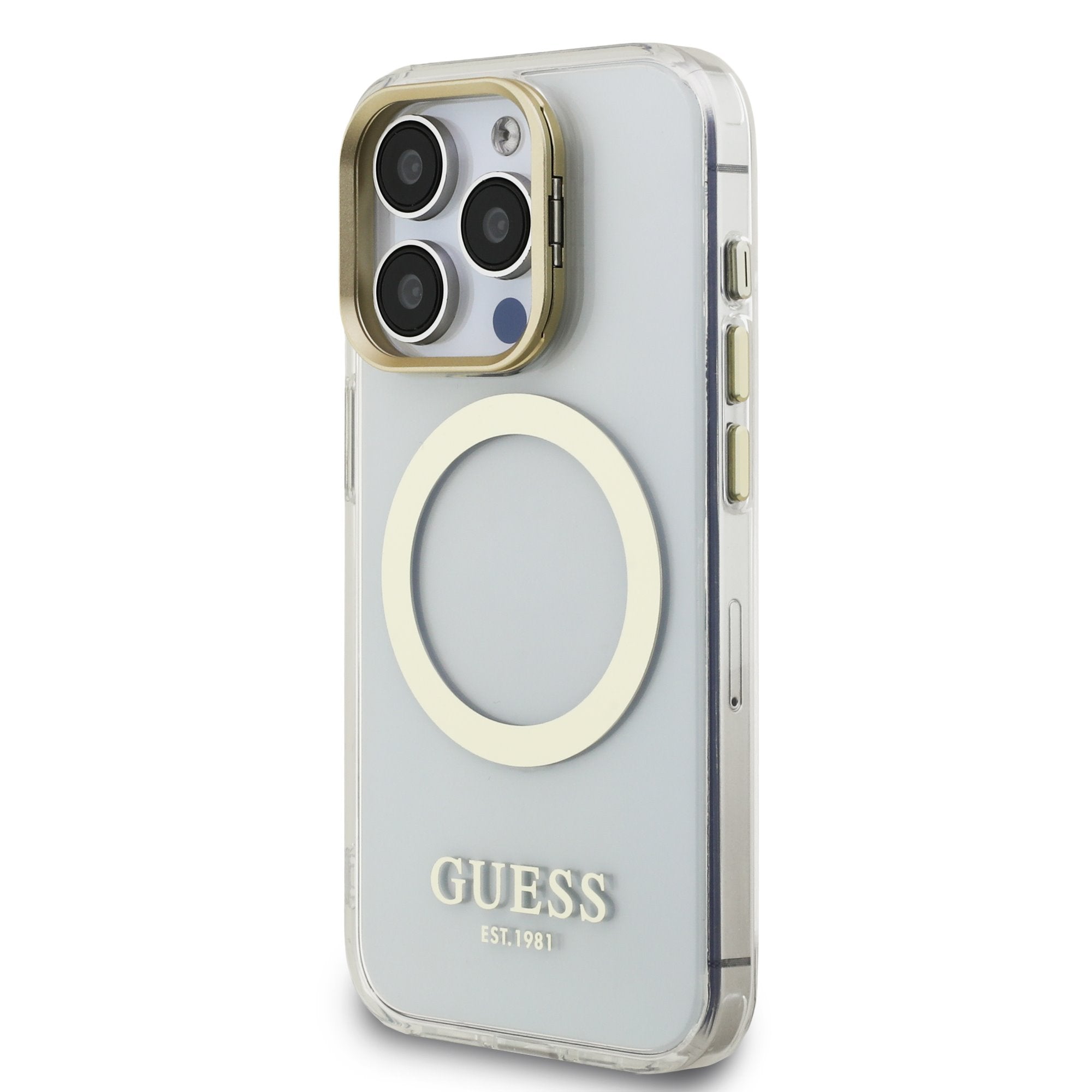 Guess MagSafe kryt na iPhone IML Gold Outline Stand Camera Frame