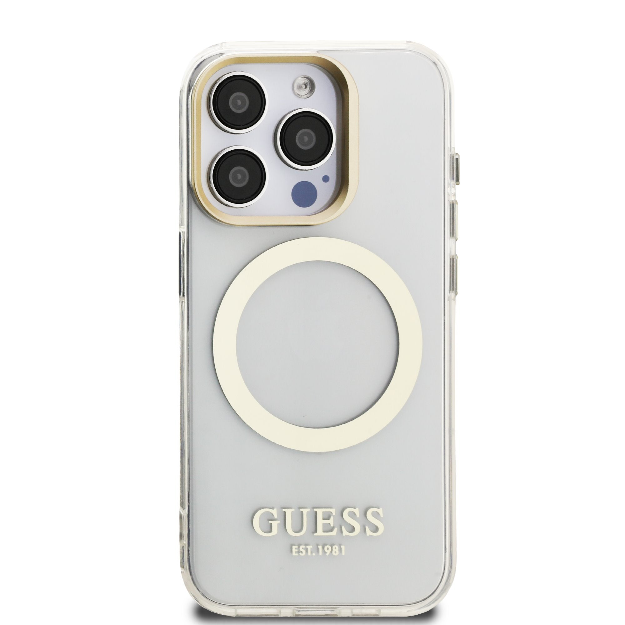 Guess MagSafe kryt na iPhone IML Gold Outline Stand Camera Frame
