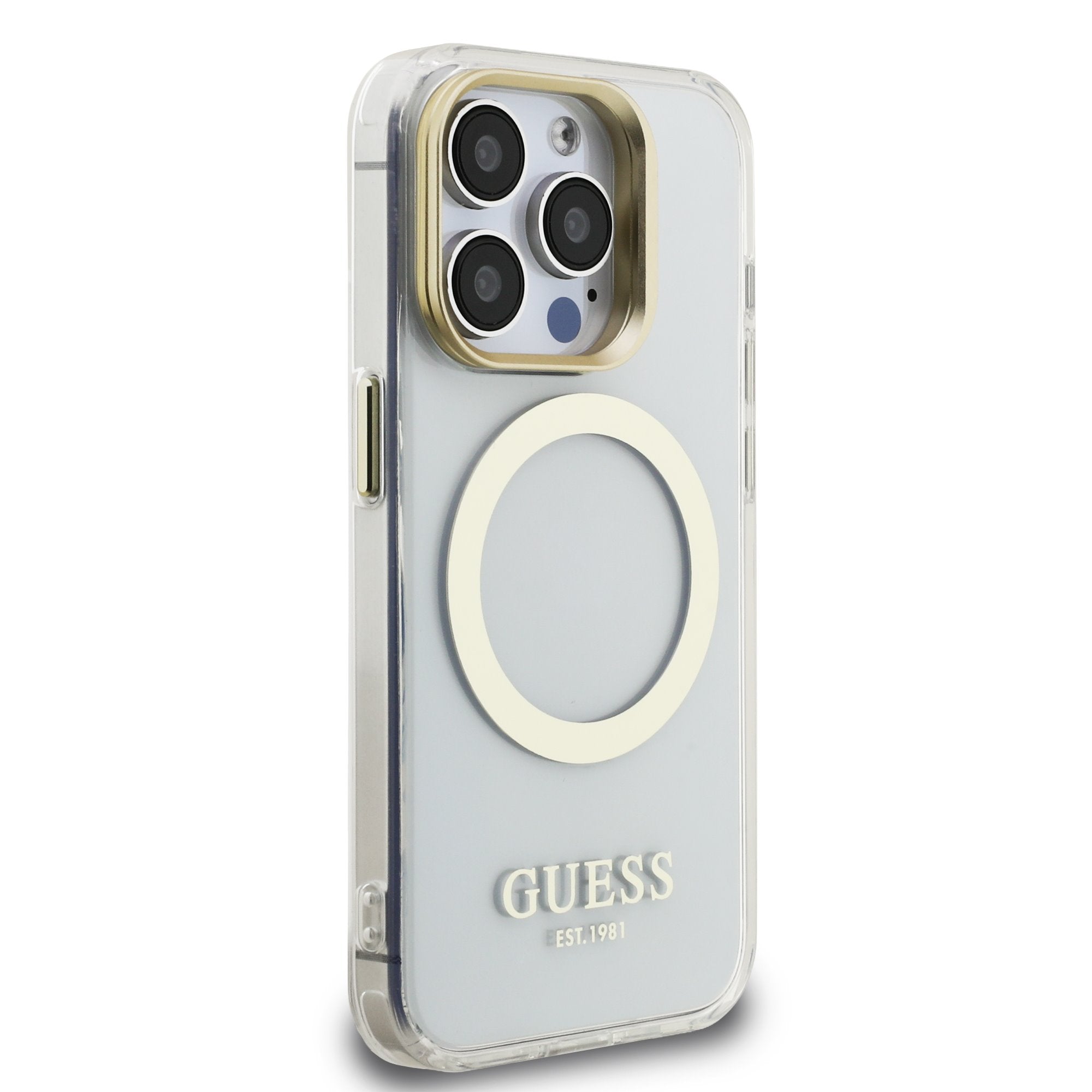 Guess MagSafe kryt na iPhone IML Gold Outline Stand Camera Frame