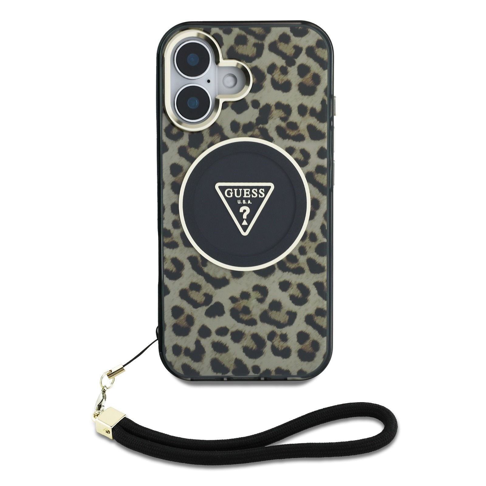Guess MagSafe kryt na iPhone s náramkem IML Leopard Triangle Logo Strap