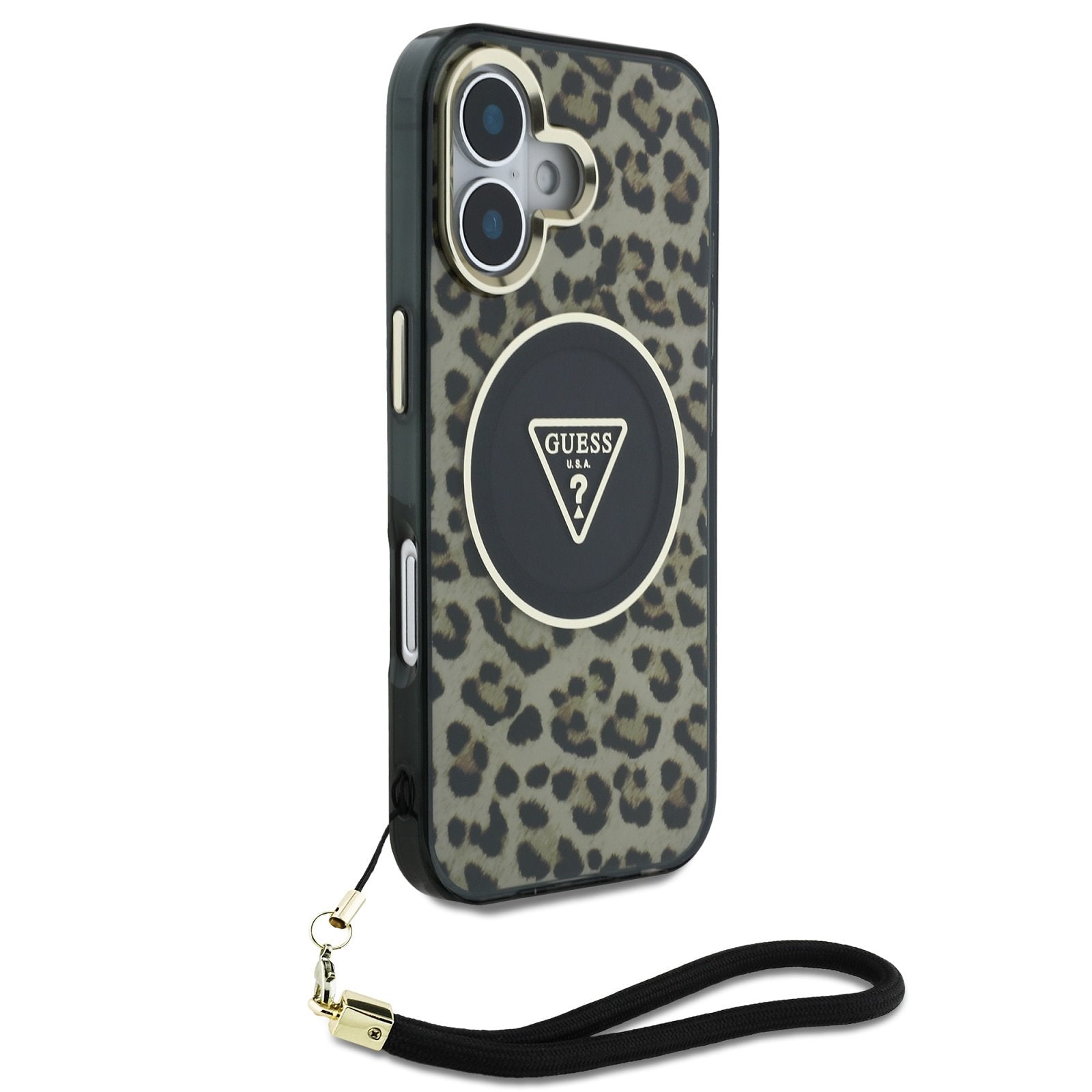 Guess MagSafe kryt na iPhone s náramkem IML Leopard Triangle Logo Strap