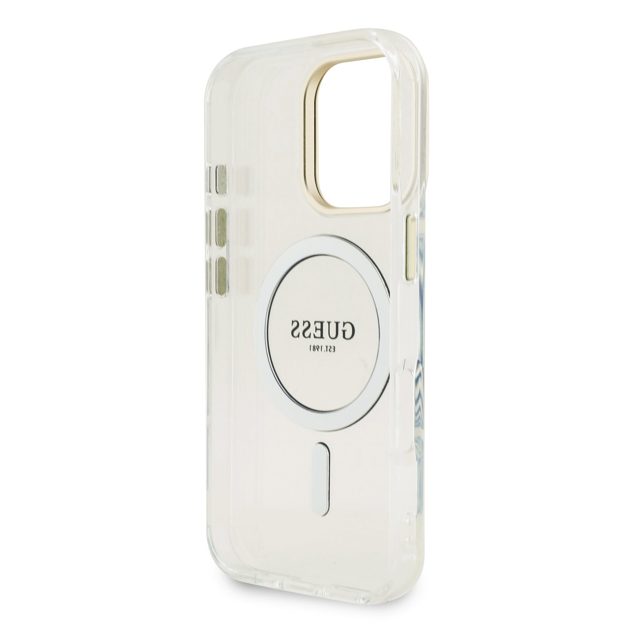 Guess MagSafe kryt na iPhone s vyměnitelným pozadím Electroplated Stand Camera Frame