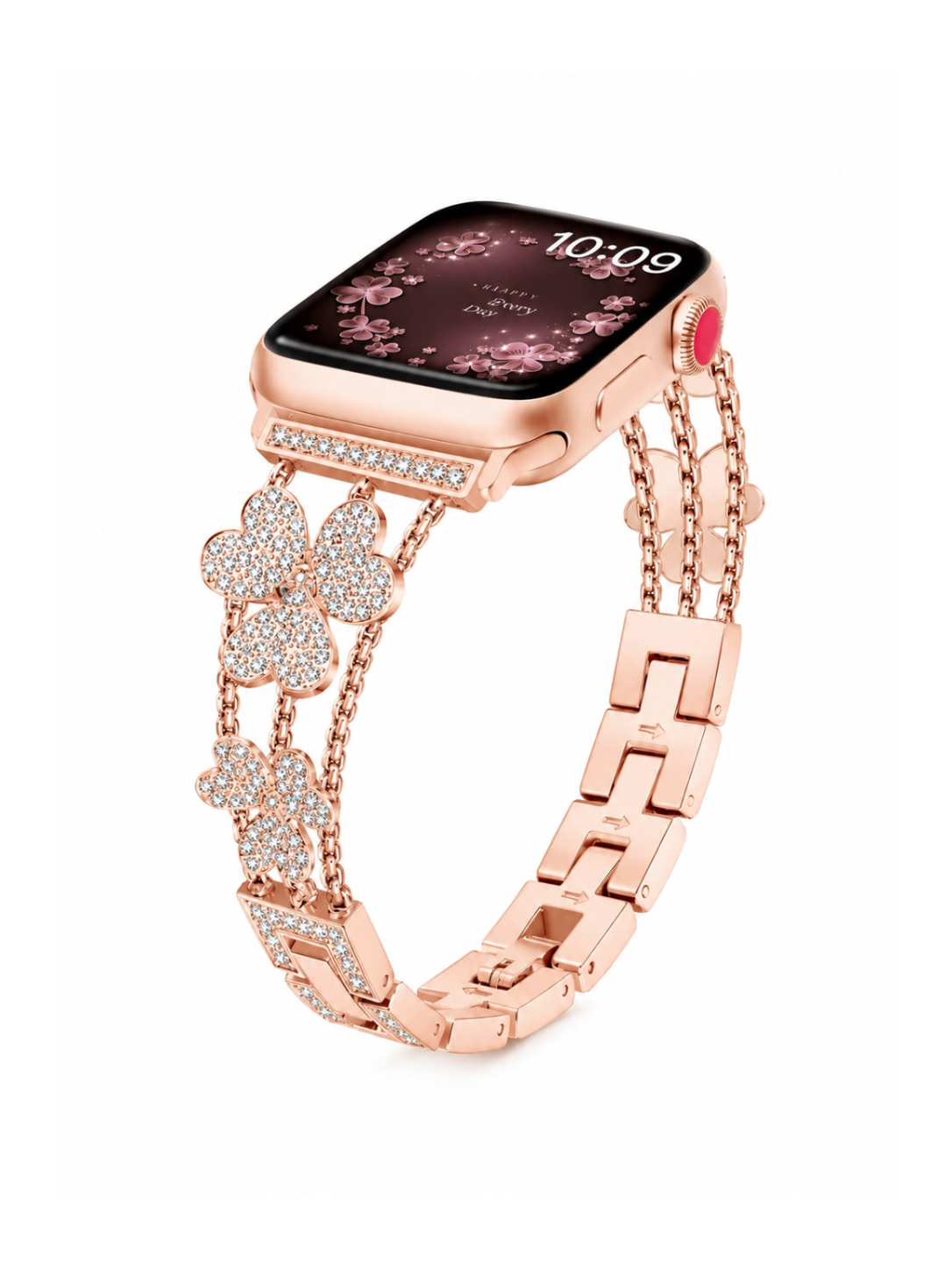 Jemný ocelový řemínek s kytičkou a kamínky na Apple Watch 42/44/45/46/49mm