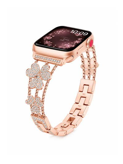 Jemný ocelový řemínek s kytičkou a kamínky na Apple Watch 42/44/45/46/49mm