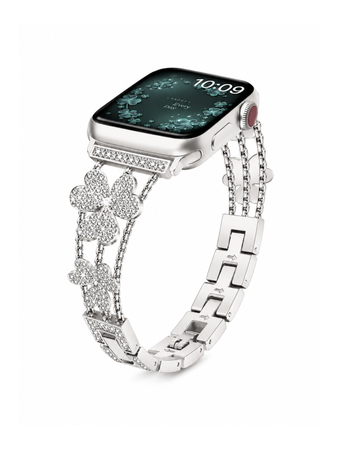 Jemný ocelový řemínek s kytičkou a kamínky na Apple Watch 42/44/45/46/49mm