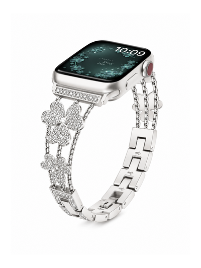 Jemný ocelový řemínek s kytičkou a kamínky na Apple Watch 42/44/45/46/49mm