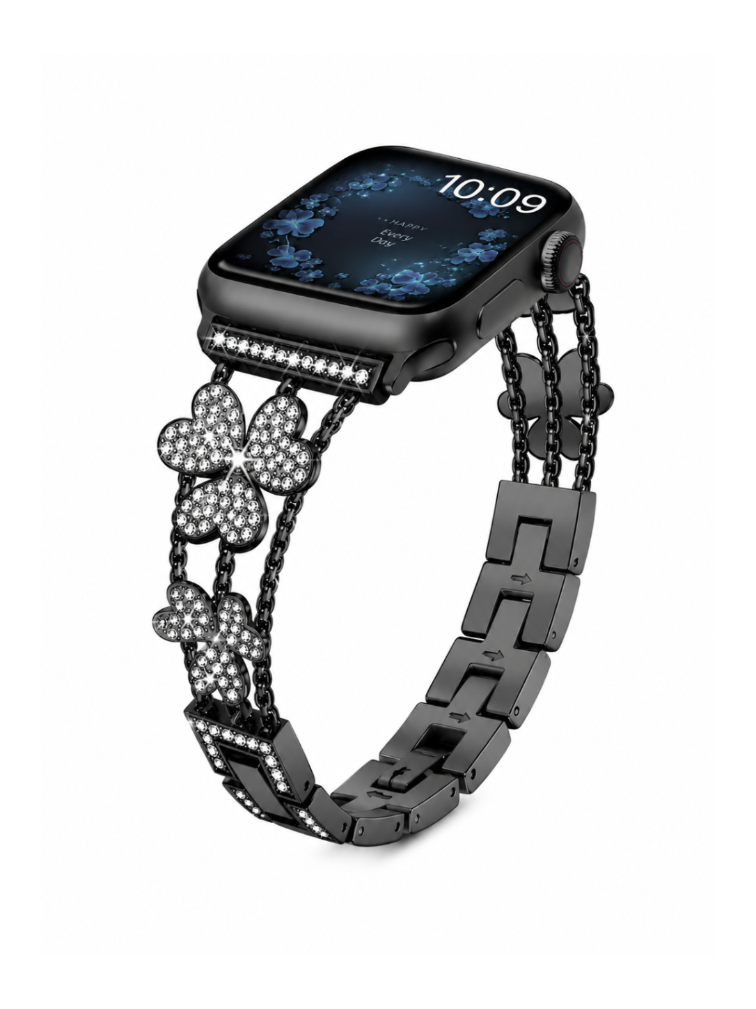 Jemný ocelový řemínek s kytičkou a kamínky na Apple Watch 42/44/45/46/49mm