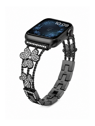 Jemný ocelový řemínek s kytičkou a kamínky na Apple Watch 42/44/45/46/49mm
