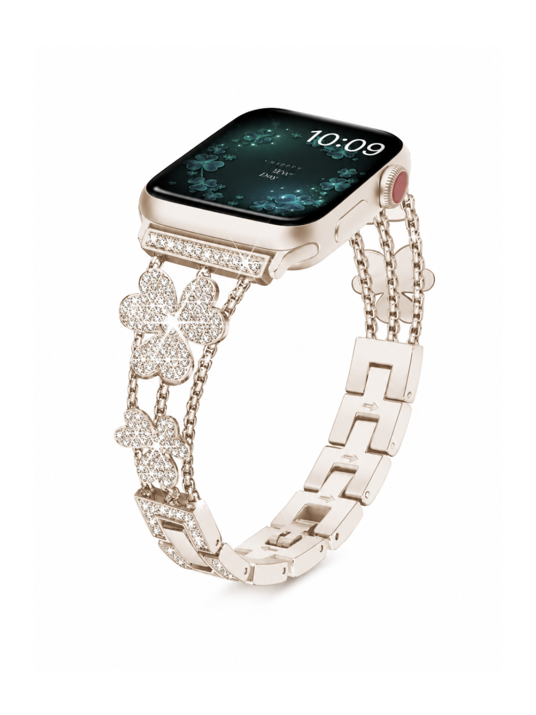 Jemný ocelový řemínek s kytičkou a kamínky na Apple Watch 42/44/45/46/49mm