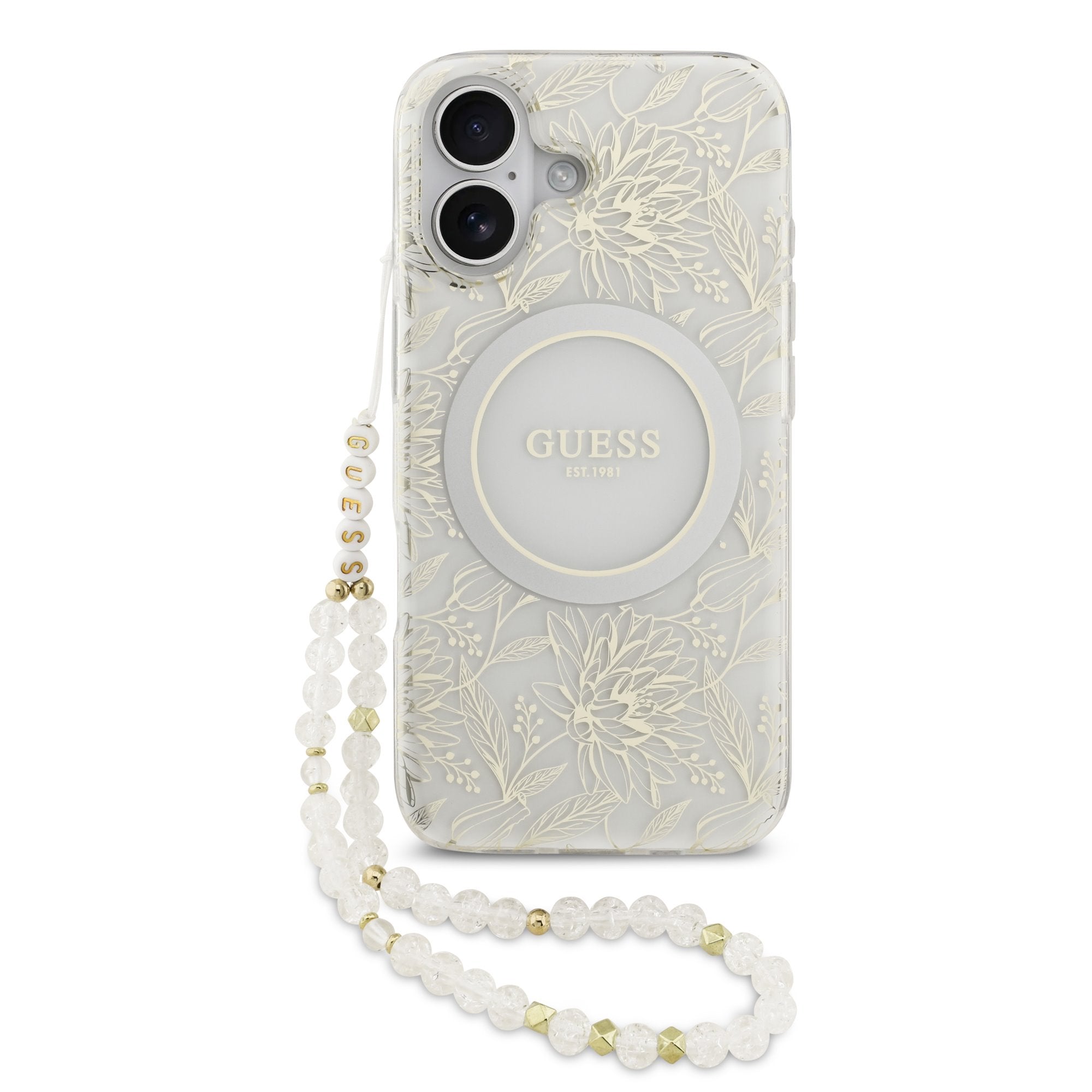 Guess MagSafe kryt na iPhone s náramkem IML Flowers Allover Strap