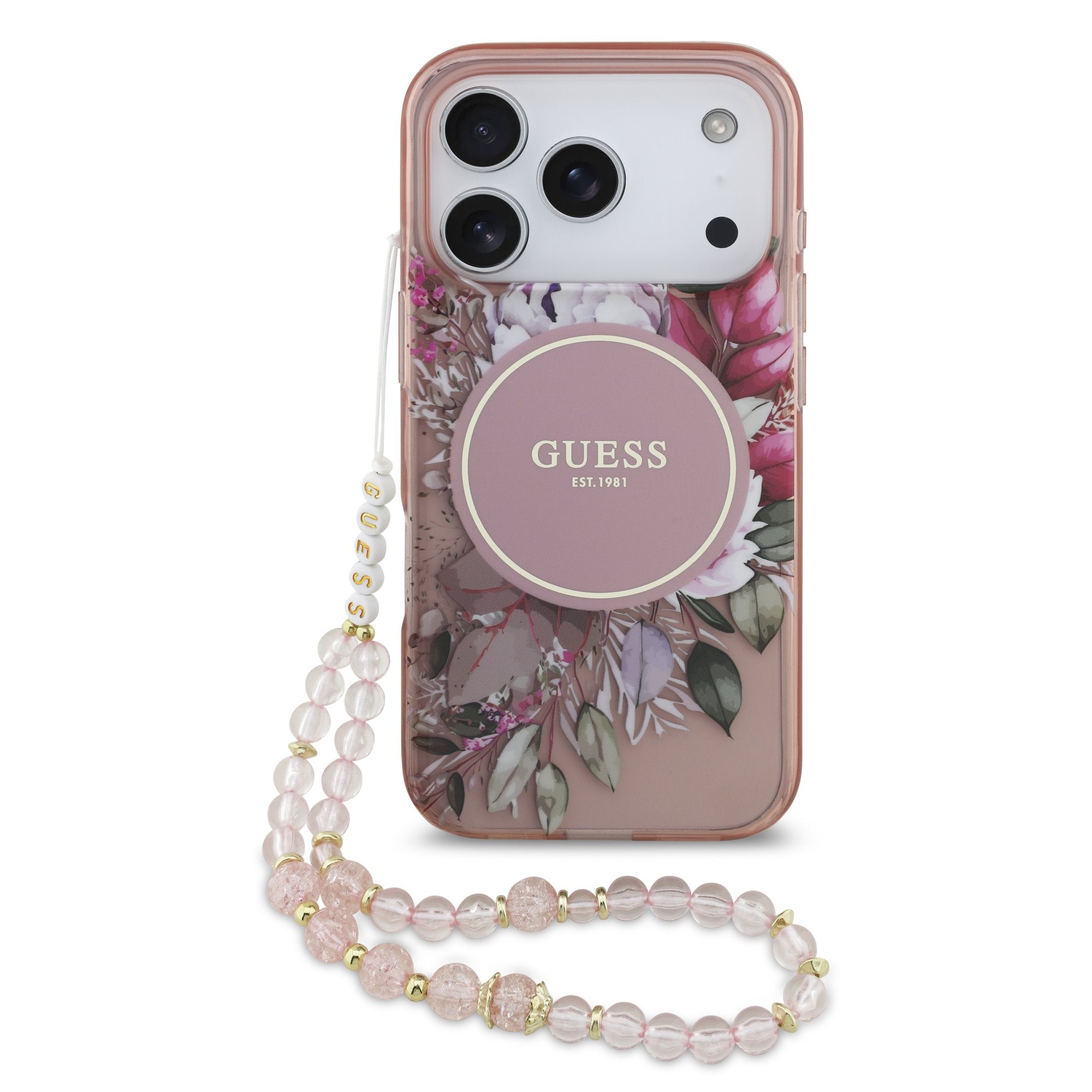 Guess MagSafe kryt na iPhone s náramkem IML Flowers Strap
