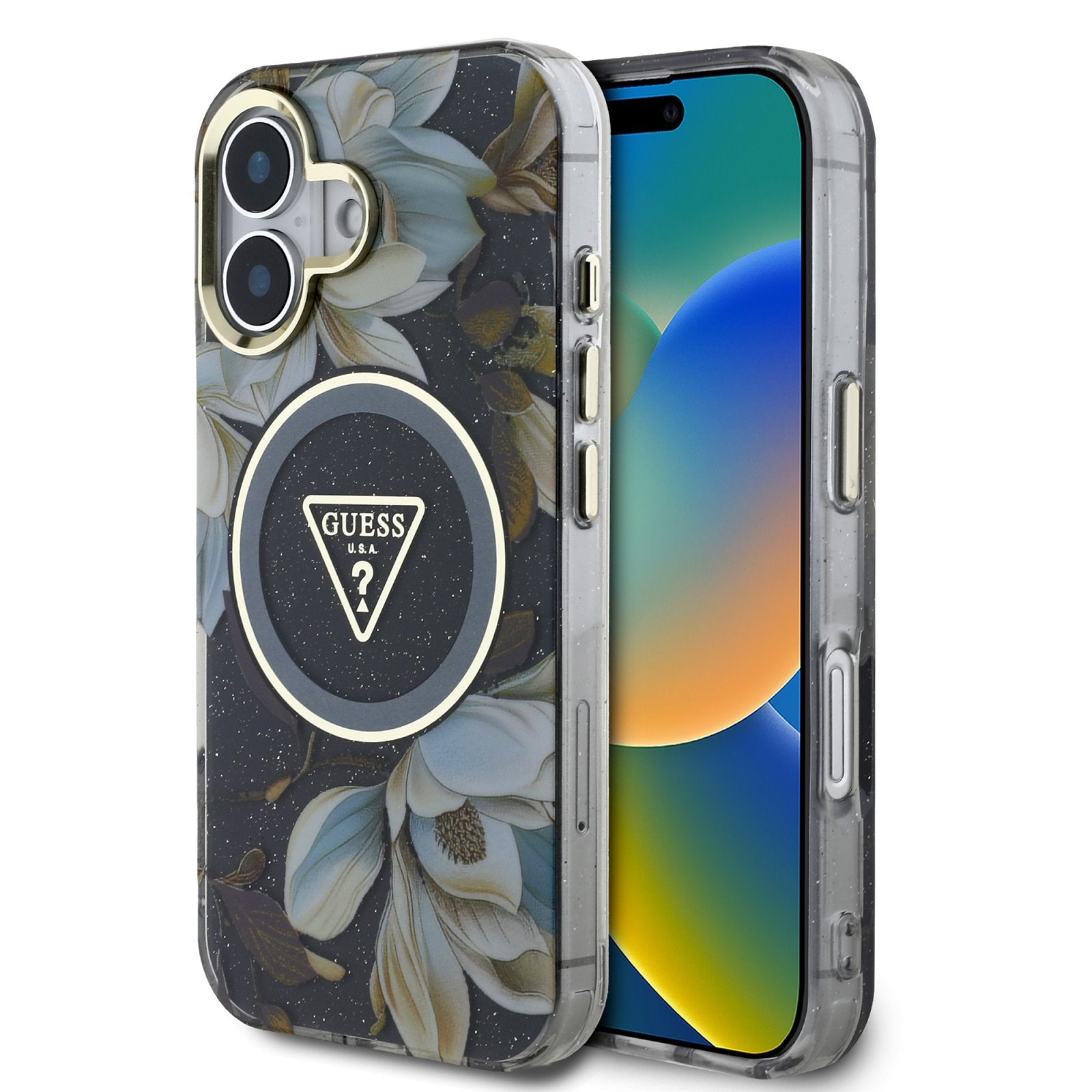 Guess MagSafe kryt na iPhone IML Glitter Magnolia and Triangle Logo