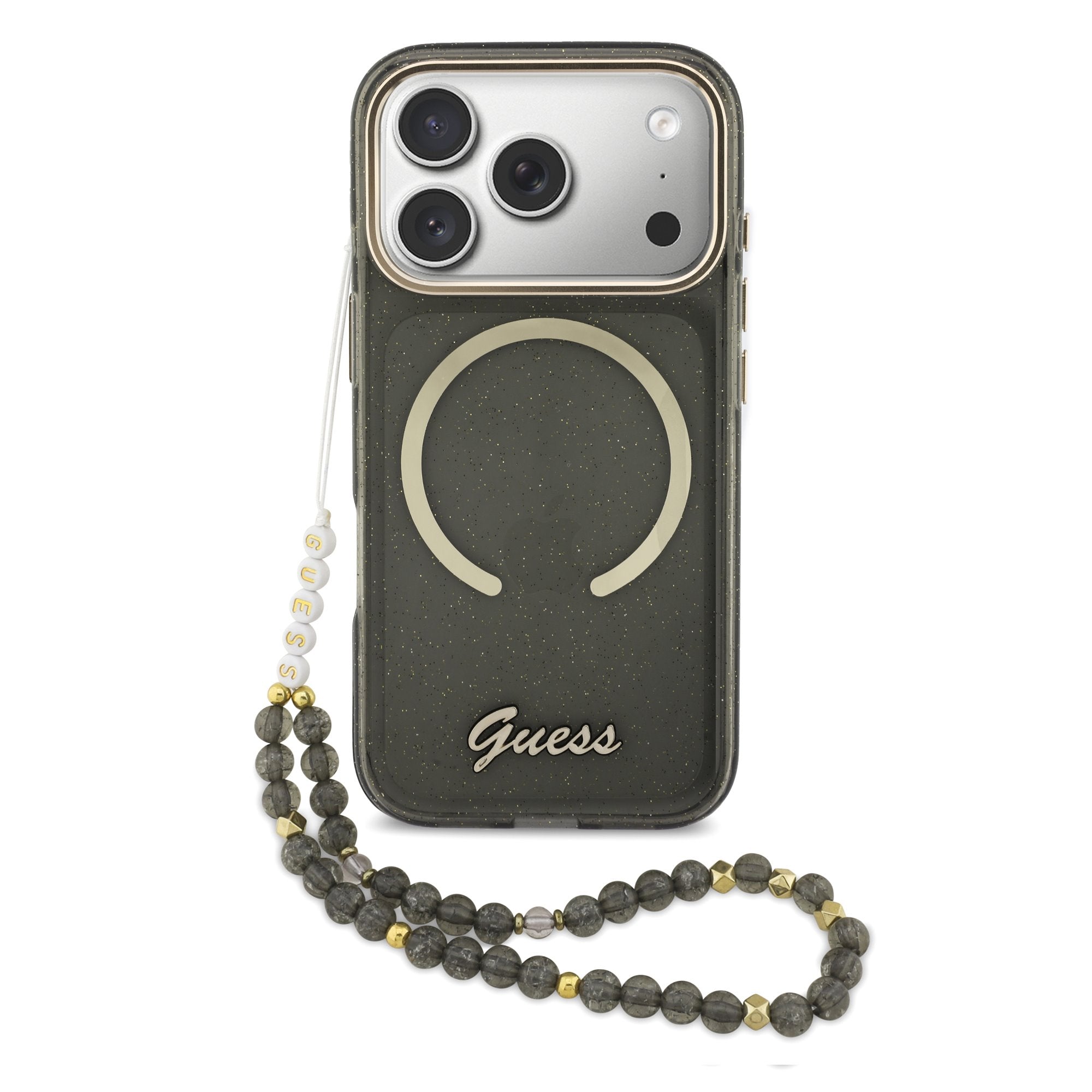Guess MagSafe kryt na iPhone s náramkem IML Glitter Script Strap