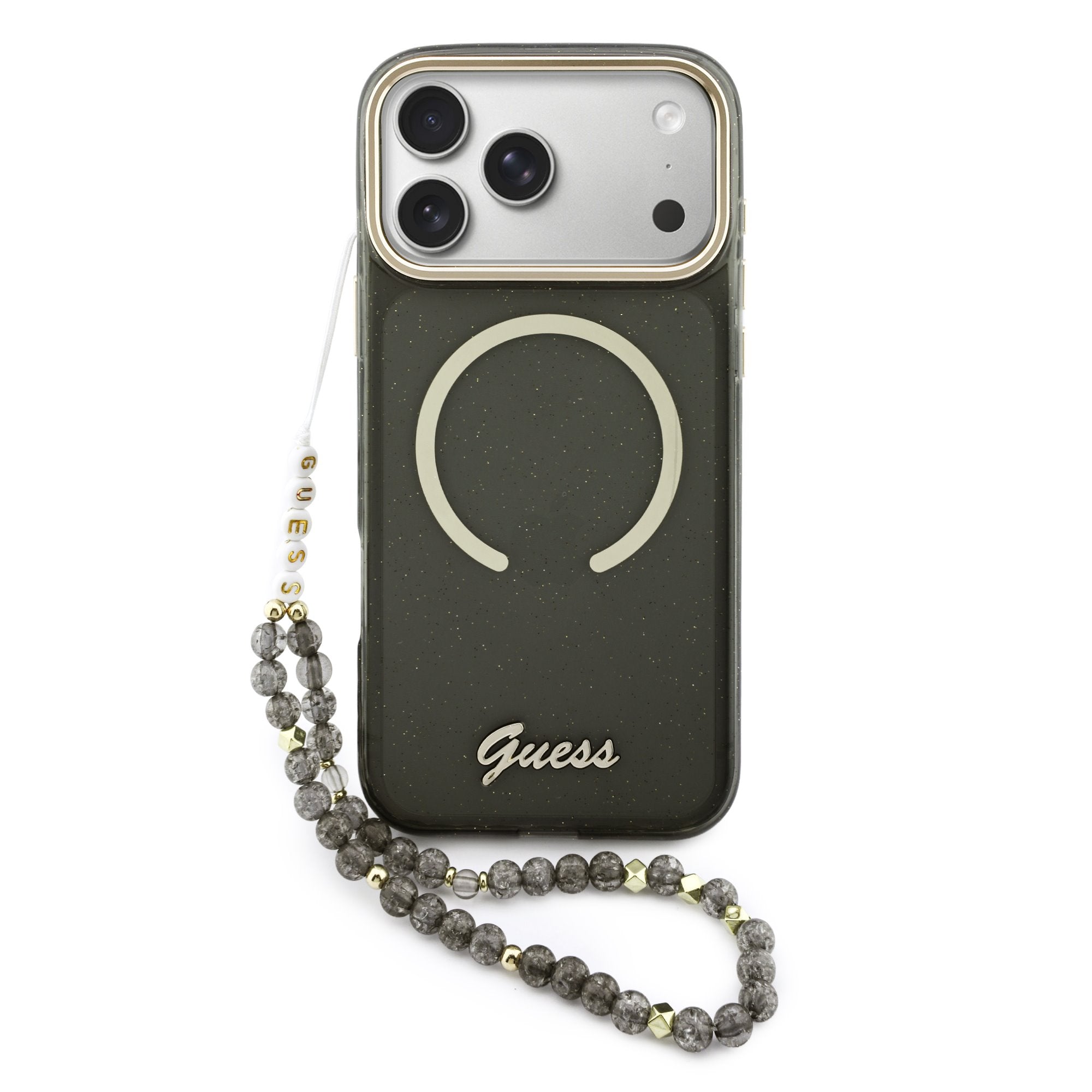 Guess MagSafe kryt na iPhone s náramkem IML Glitter Script Strap
