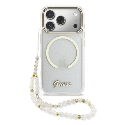 Guess MagSafe kryt na iPhone s náramkem IML Glitter Script Strap