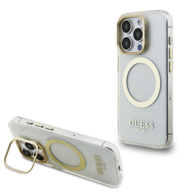 Guess MagSafe kryt na iPhone IML Gold Outline Stand Camera Frame