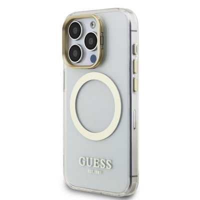 Guess MagSafe kryt na iPhone IML Gold Outline Stand Camera Frame