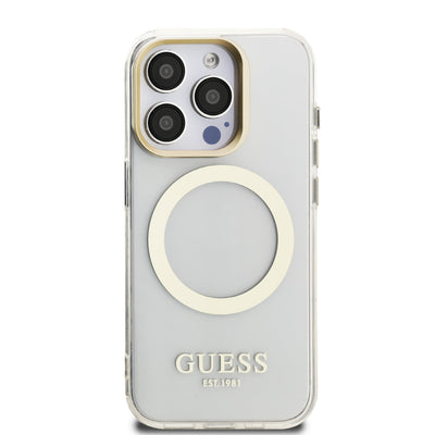 Guess MagSafe kryt na iPhone IML Gold Outline Stand Camera Frame