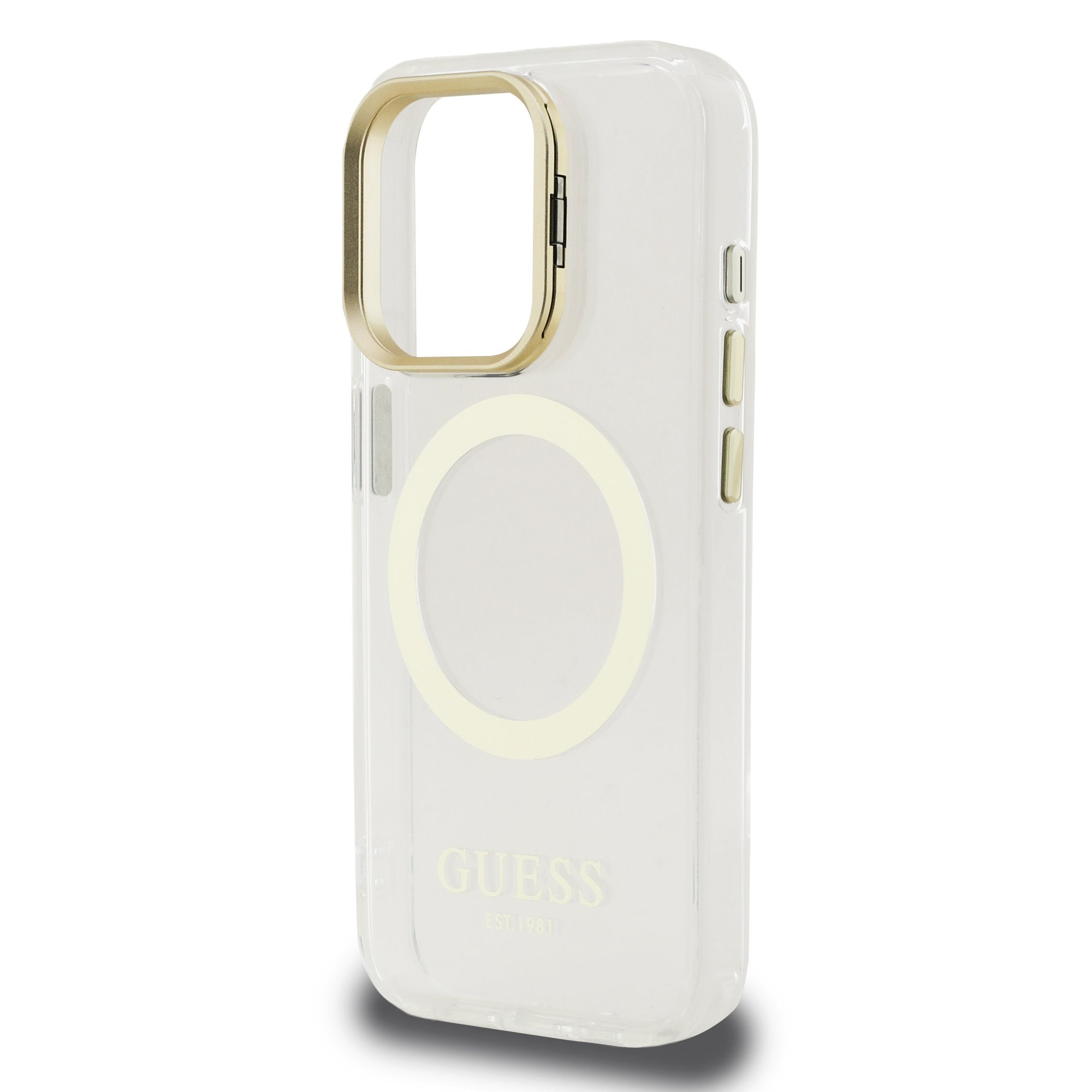 Guess MagSafe kryt na iPhone IML Gold Outline Stand Camera Frame
