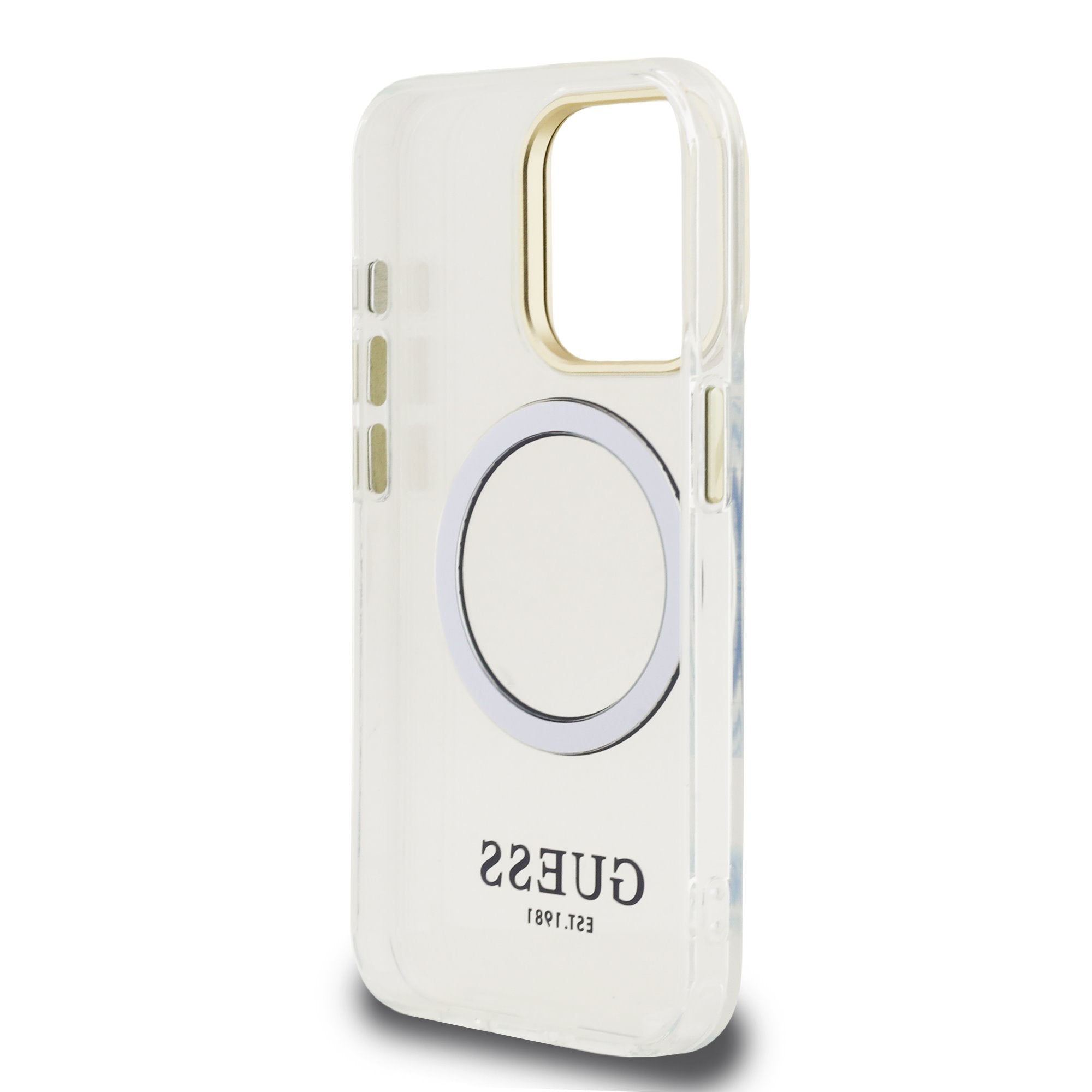 Guess MagSafe kryt na iPhone IML Gold Outline Stand Camera Frame