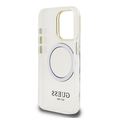 Guess MagSafe kryt na iPhone IML Gold Outline Stand Camera Frame