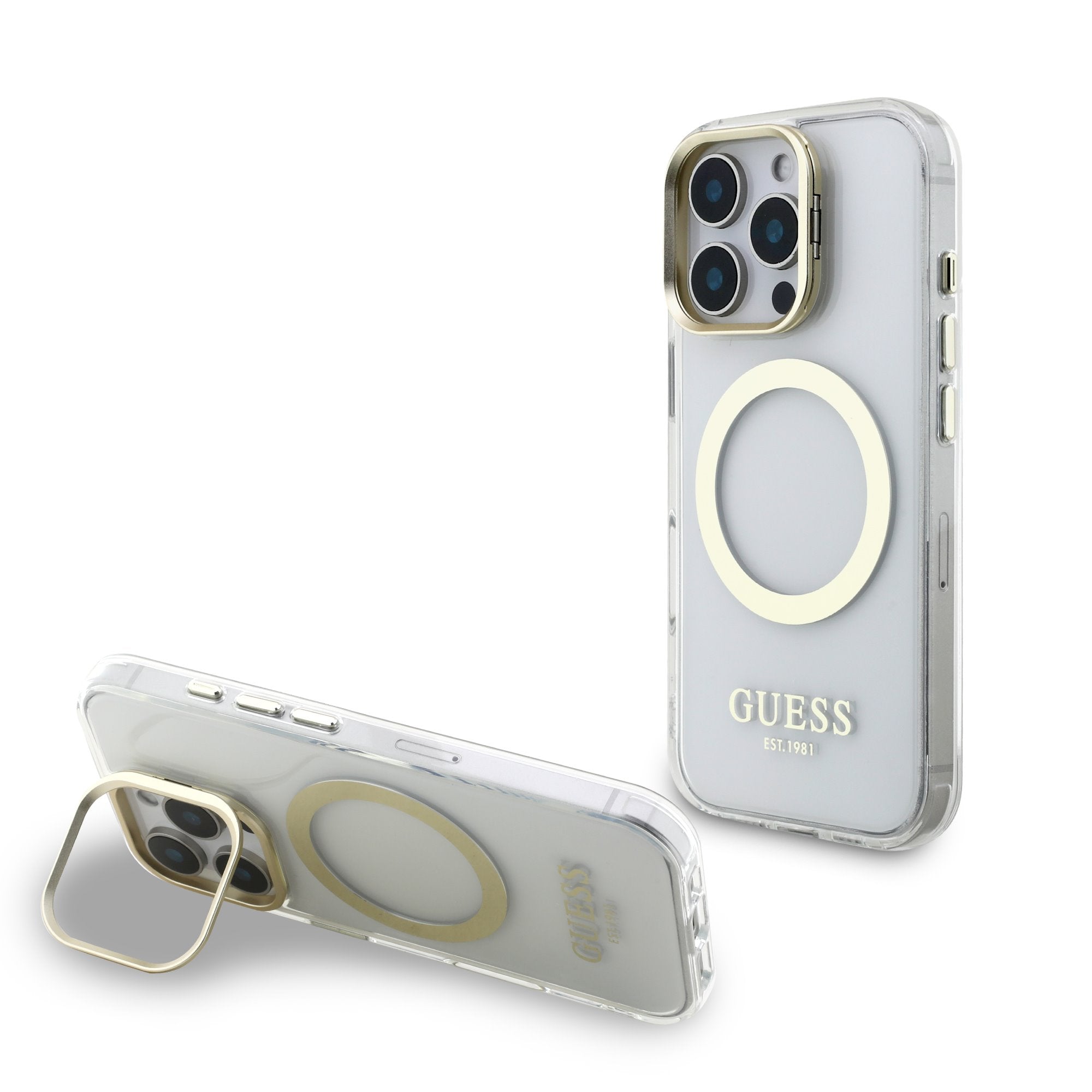 Guess MagSafe kryt na iPhone IML Gold Outline Stand Camera Frame