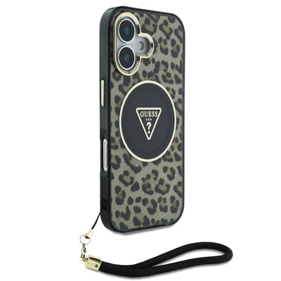 Guess MagSafe kryt na iPhone s náramkem IML Leopard Triangle Logo Strap
