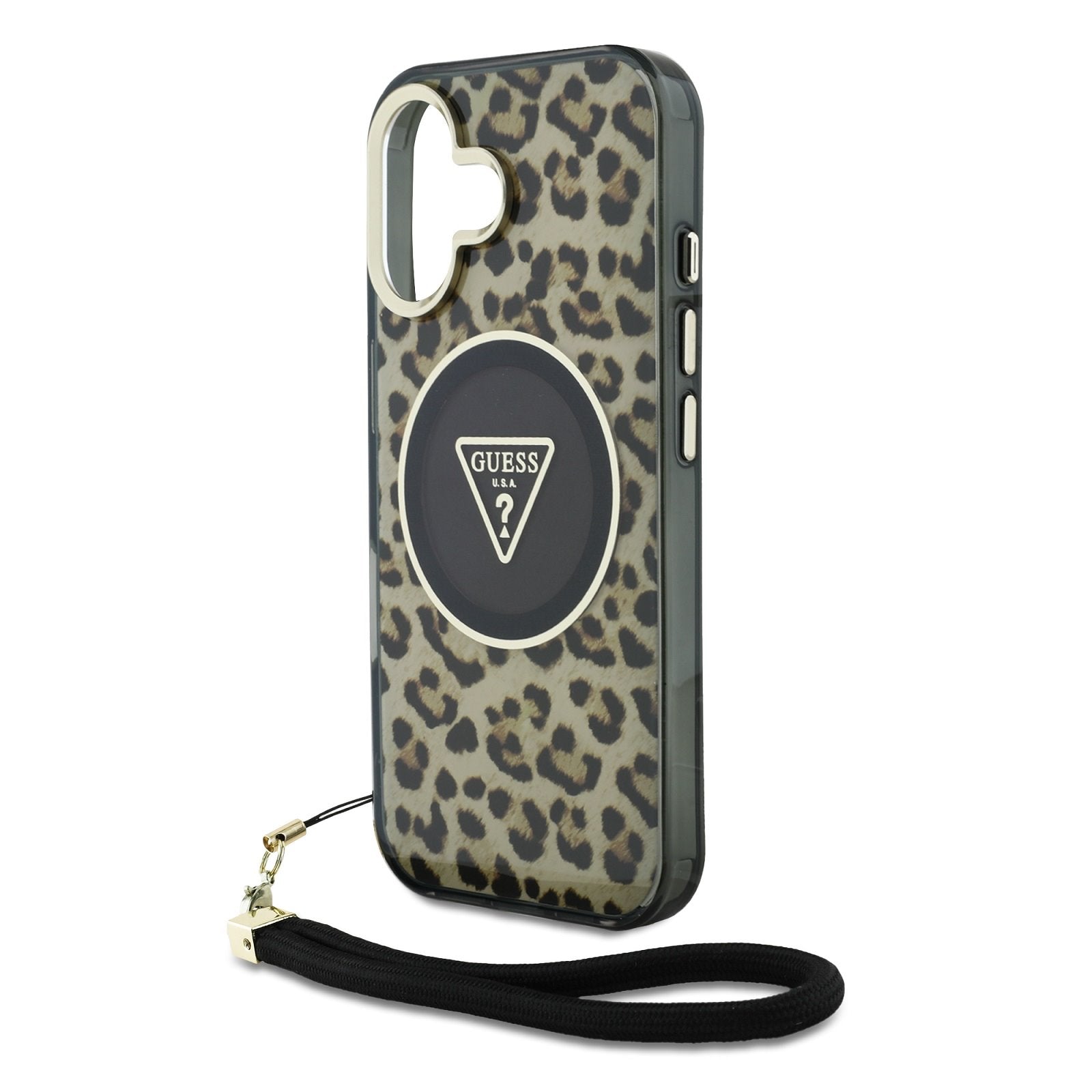 Guess MagSafe kryt na iPhone s náramkem IML Leopard Triangle Logo Strap