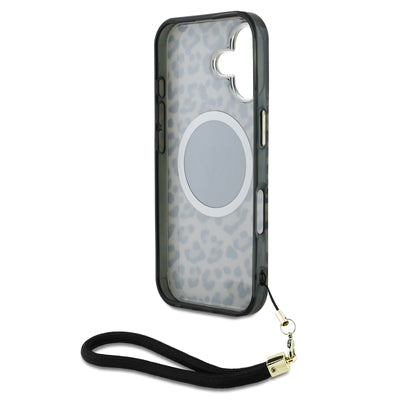 Guess MagSafe kryt na iPhone s náramkem IML Leopard Triangle Logo Strap