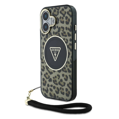Guess MagSafe kryt na iPhone s náramkem IML Leopard Triangle Logo Strap