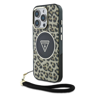Guess MagSafe kryt na iPhone s náramkem IML Leopard Triangle Logo Strap