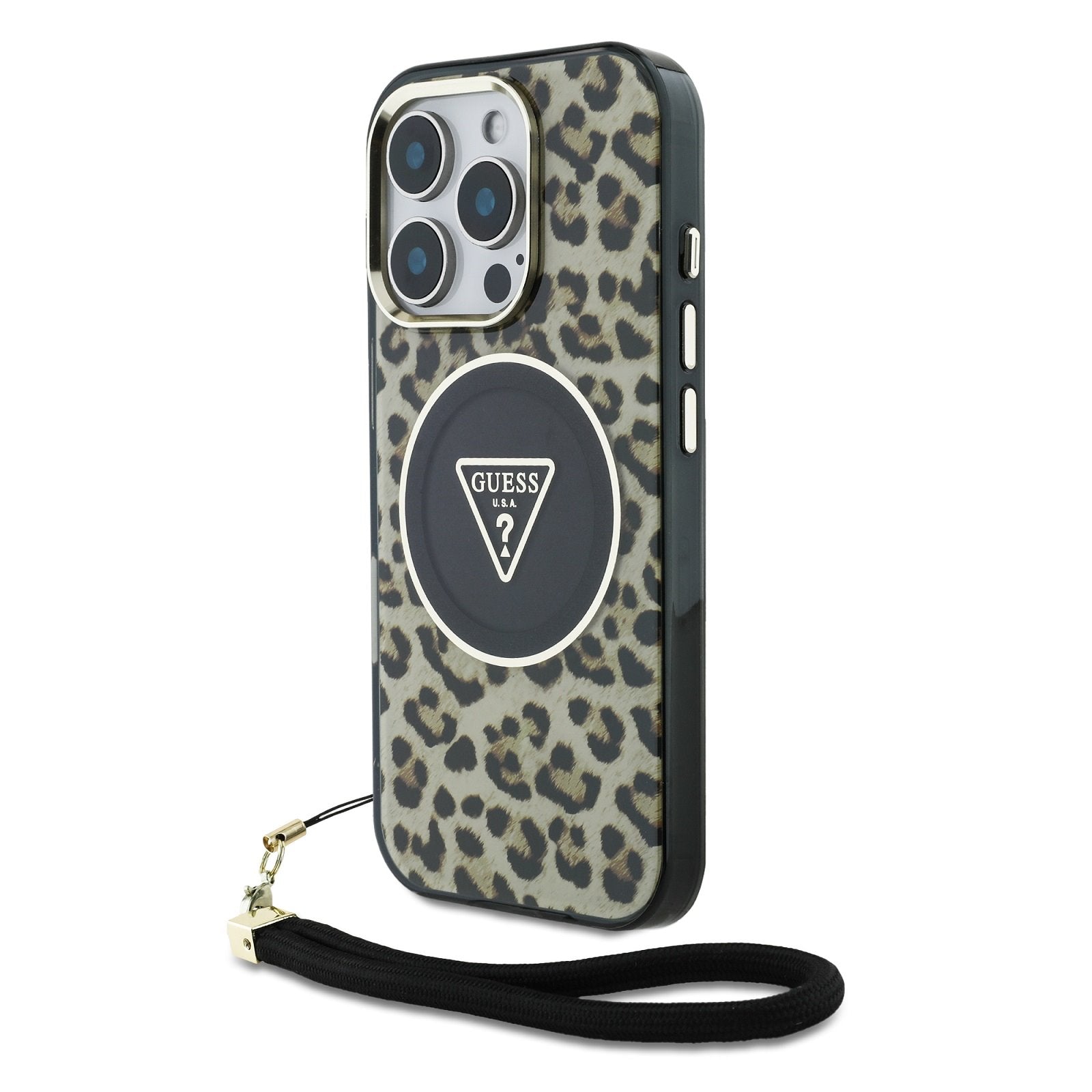 Guess MagSafe kryt na iPhone s náramkem IML Leopard Triangle Logo Strap