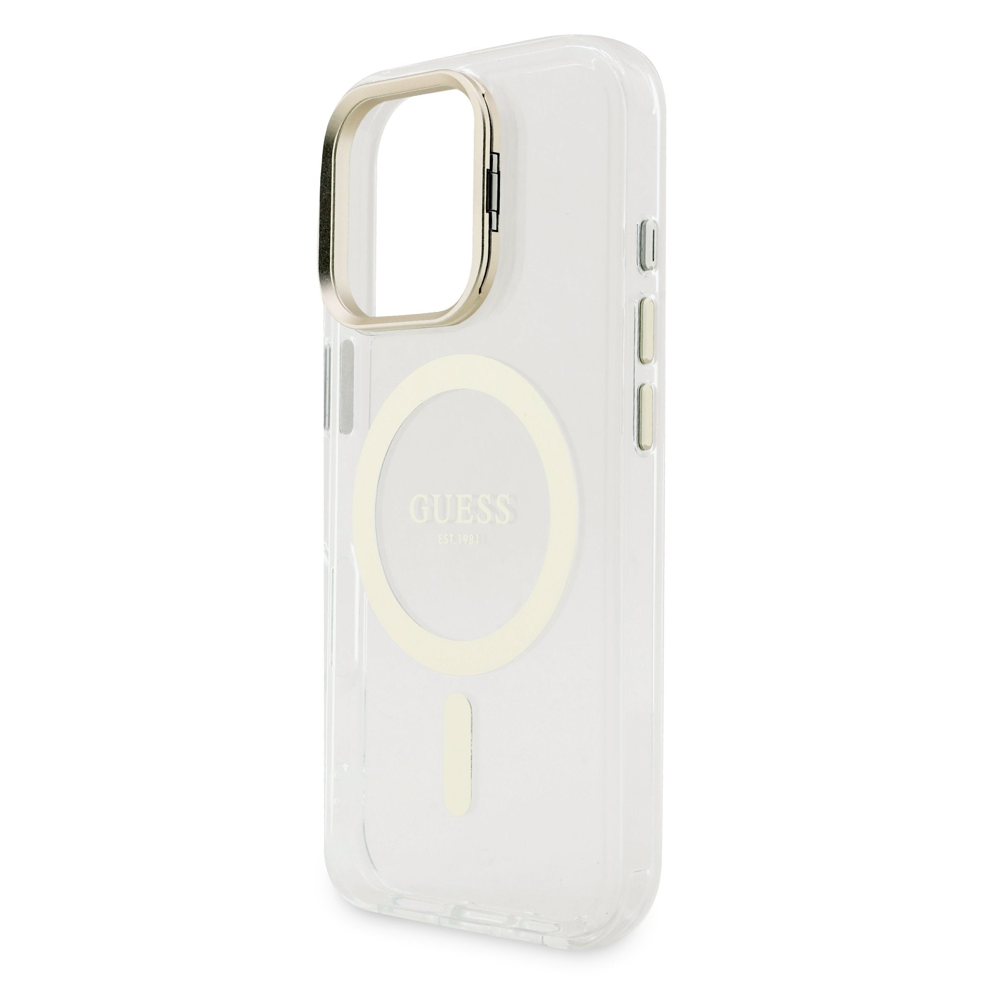 Guess MagSafe kryt na iPhone s vyměnitelným pozadím Electroplated Stand Camera Frame