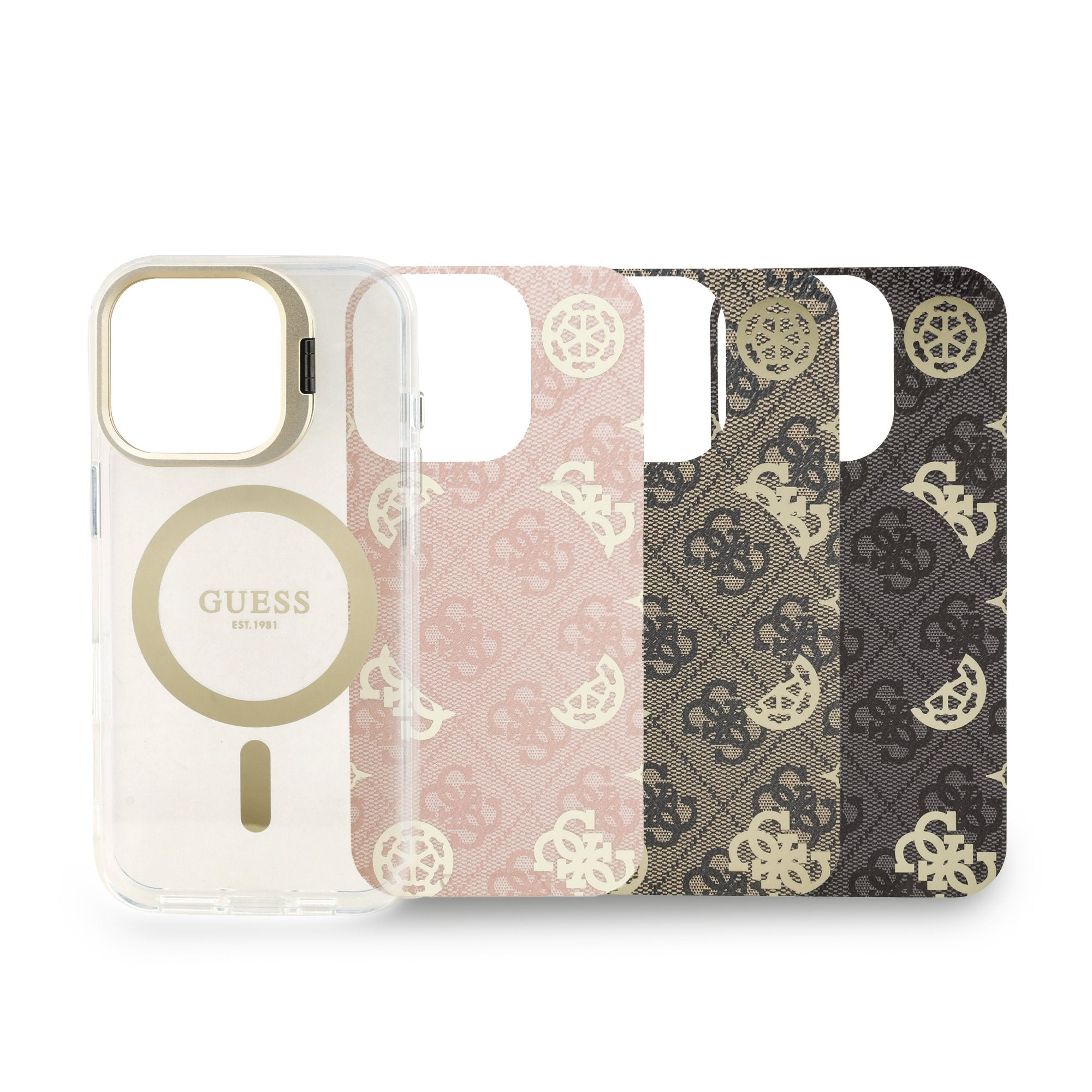 Guess MagSafe kryt na iPhone s vyměnitelným pozadím Electroplated Stand Camera Frame