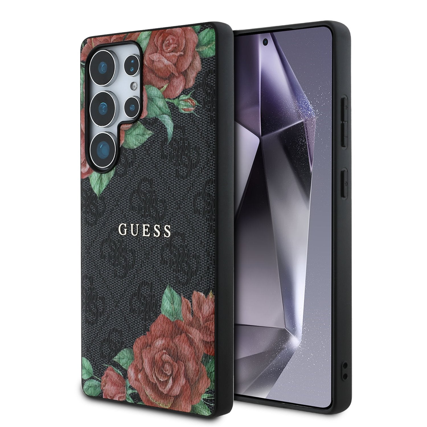 Guess MagSafe kožený kryt na Samsung - 4G Flowers Print Metal Classic Logo