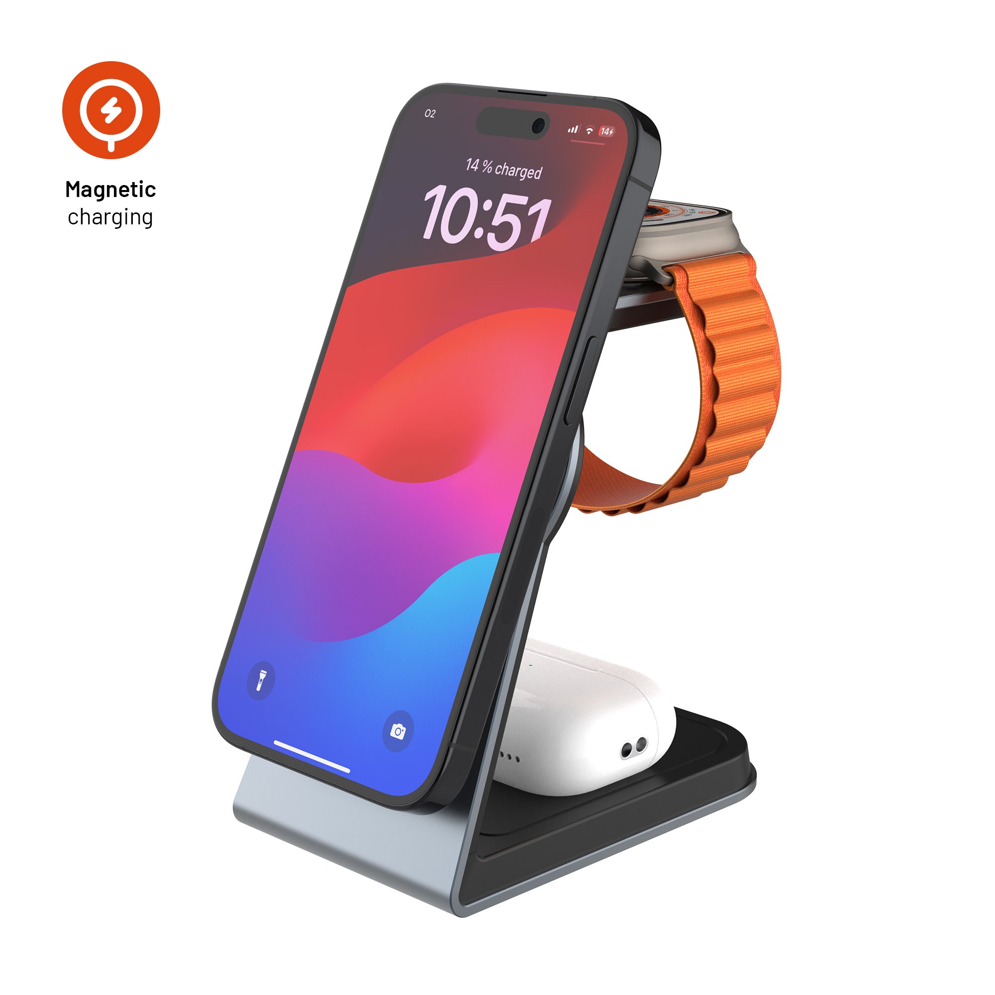 Stojánek s bezdrátovým nabíjením 3v1 FIXED MagPowerstation Alu s podporou MagSafe, 15W+3.5W+2.5W - pohled 1